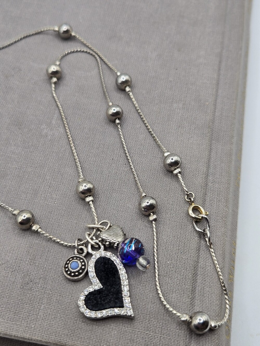 Vintage Silver Heart CZ Charm Pendant Necklace 20" Silver Rope Chain y2k McBling